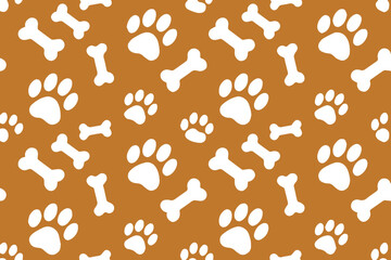vector seamless pattern paw prints and dog bones white shapes on chocolate brown background for pet branding design