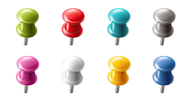 Nine colorful pushpins arranged in a grid