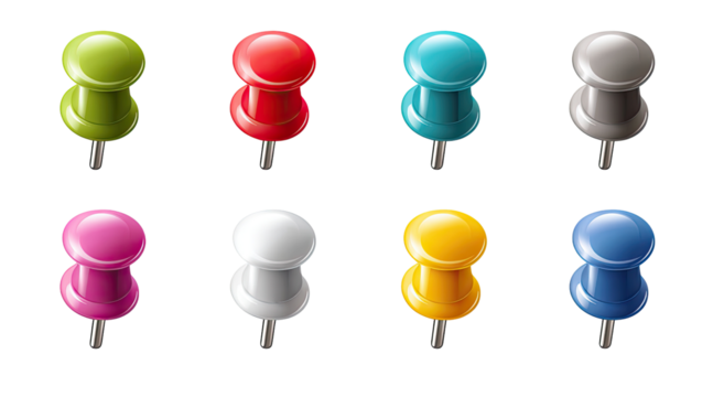 Nine colorful pushpins arranged in a grid