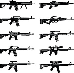 Assault Rifle Silhouette Icon Vector Design Military Weapon Gun Silhouette Symbol Set