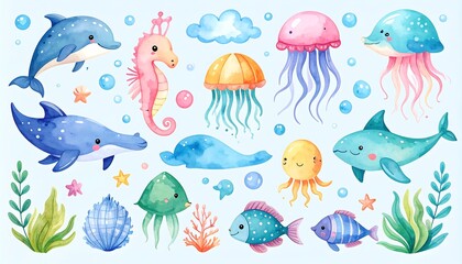 Obraz premium Watercolor aquatic creatures