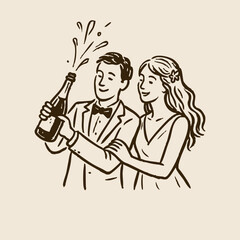 Hand Drawn Couple popping champagne together Wedding Illustration Collection