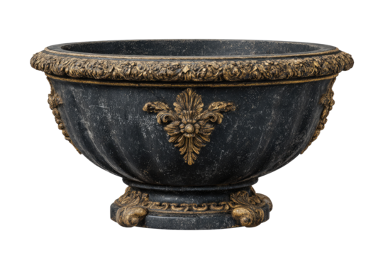 Ornate, dark gray planter with gold accents