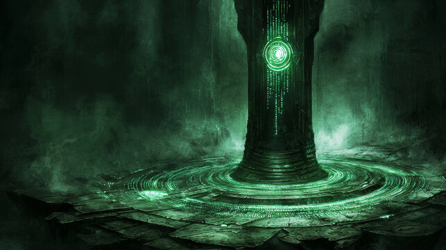 Mysterious subterranean digital chamber glows with thousands of intricate patterns, creating eerie atmosphere. central pillar emits captivating green light, enhancing enigmatic ambiance