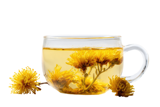 Yellow tea blossoms in glass cup
