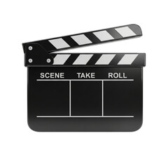 Fototapeta premium Black movie clapperboard with white stripes isolated on transparent background