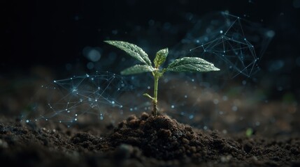 a young plant sprouts from the soil symbolizing growth and potential with a digital network overlay representing connectivity and innovation