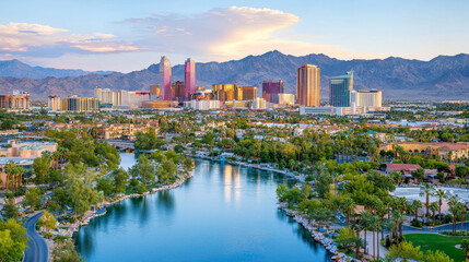 Fototapeta premium Vibrant cityscape with river in foreground, lush greenery, and backdrop of mountains under clear sky. city buildings reflect golden orange light, creating warm and inviting atmosphere