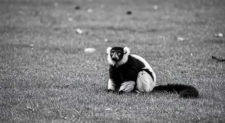 Fototapeta premium Black and white lemur sitting in the grass.