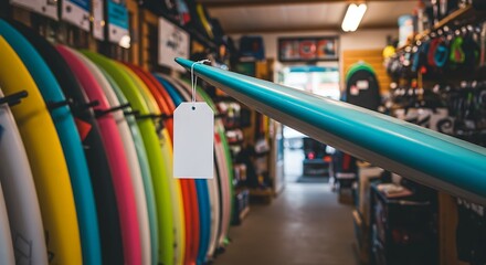 Colorful surfboards in a surf shop.