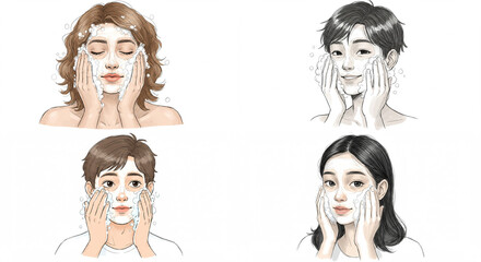 teen washing face with cleanser isolated on white sketch style