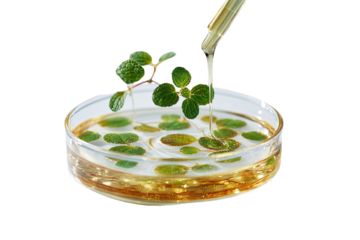 Liquid being poured over green leaves in a petri dish