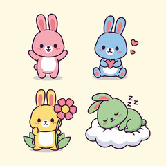 Collection of cute pastel cartoon rabbits in various poses and colors on a white background