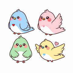 Simple cute kawaii birds, set of kids, children cartoon illustrations