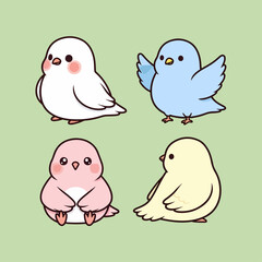 Simple cute kawaii birds, set of kids, children cartoon illustrations