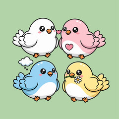 Simple cute kawaii birds, set of kids, children cartoon illustrations
