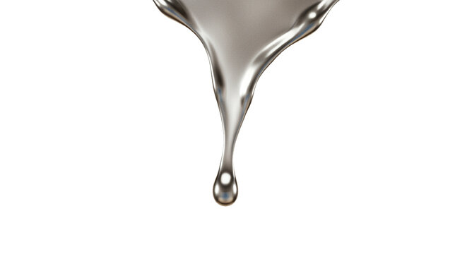 metallic silver liquid dripping isolated on white background, abstract shiny metal fluid effect symbol for futuristic, luxury, and industrial design
