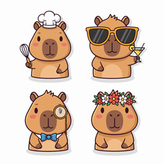 Cute capybara cartoon characters in various poses. Set of kawaii capybaras.