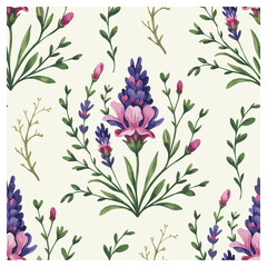 Lavender Dreams is a serene and delicate seamless pattern featuring soft, hand-painted lavender and pink flowers with lush green stems and leaves. The gentle hues and graceful design create.