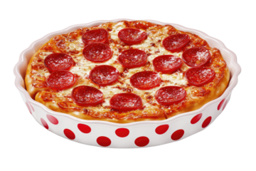 Pizza in a polka-dotted dish