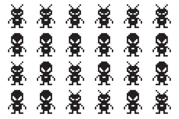 set of 24 pixel art humanoid icons showing antenna and hair variations perfect for avatar sets digital pattern design