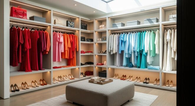 Elegant Walk-in Closet with Colorful Dresses and Shoes in Modern Interior Setting