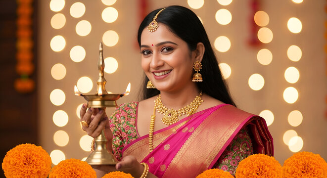 indian woman in saree holding oil lamp plate