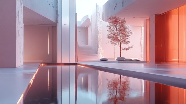 Modern minimalist architecture reflecting nature.