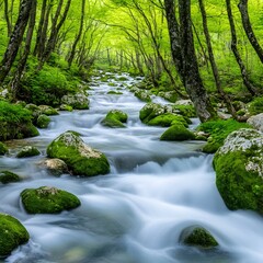 Obraz premium Serene Mossy Creek Flowing Through Lush Green Forest