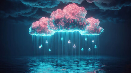 Surreal scene of colorful dream world features polygonal clouds raining glowing geometric shapes over reflective water surface, creating mystical atmosphere