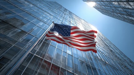 modern glass office building with american flag waving in front on a sunny day