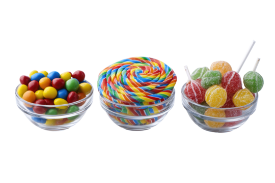 Colorful sweets in clear glass bowls.  Three small, round glass bowls hold assorted candies.  Left bowl multicolored chocolate candies. Center bowl vibrant, 