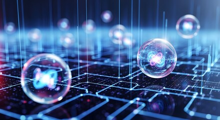 A digital landscape with floating spheres and interconnected lines creating a futuristic network view