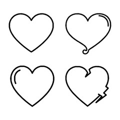 Four black heart outlines are arranged in a 2x2 grid on a white background. Each heart has a unique design