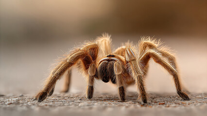 Intense Low-Angle Macro Portrait of a Hairy Golden-Brown Tarantula
