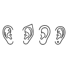 Four minimalist line drawings of ears are depicted, each with unique shapes and styles