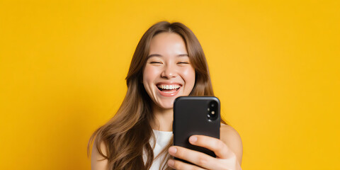 young woman laughing while taking a selfie with a smartphone