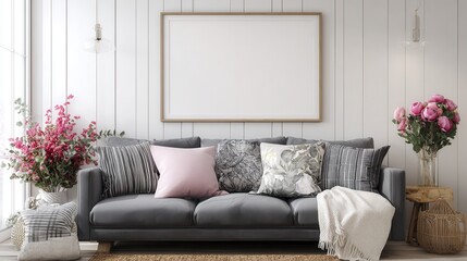 stylish living room interior grey sofa decorative pillows floral arrangement and blank picture frames for mockup