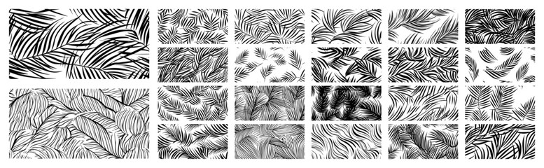 Set of seamless patterns with tropical palm and jungle leaves