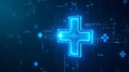 Health Theme, Blue medical cross glowing in futuristic digital background