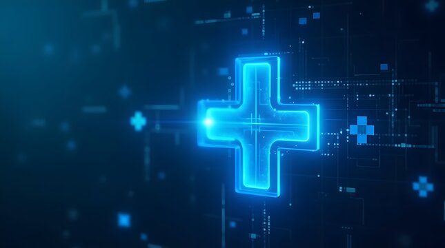 Health Theme, Blue medical cross glowing in futuristic digital background - Powered by Adobe