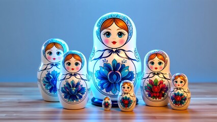 Classic Russian Matryoshka nesting dolls with intricate blue floral patterns. A collection of wooden stackable toys symbolizing family and tradition on a soft blue background