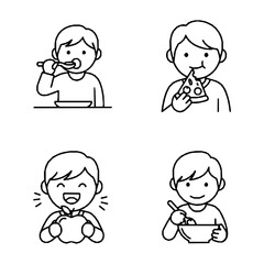 Four black and white illustrations of a person eating. Top left: eating with a spoon from a bowl