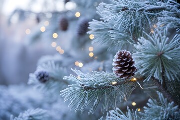 Closeup of a pine cone on a frosty branch with christmas lights bokeh