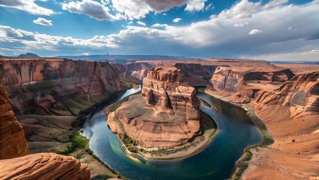 Panoramic view of Horseshoe Bend, a famous meander of the Colorado River, showcasing its iconic curve through magnificent red rock canyons under a dynamic sky