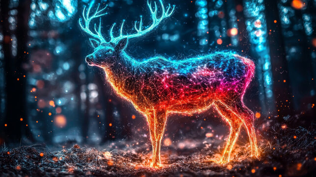 Vibrant digital deer glows with neon colors in surreal forest setting, surrounded by sparkling lights and mystical atmosphere. scene is both enchanting and futuristic