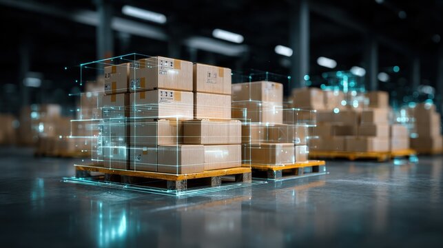 a digitally enhanced image of a pallet of cardboard boxes in a warehouse with glowing lines depicting advanced tracking and inventory management systems