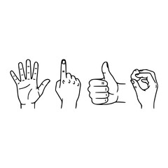 Line art illustration showing four different hand gestures. The first hand is open with fingers