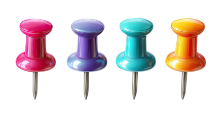 Four colorful pushpins arranged in a row