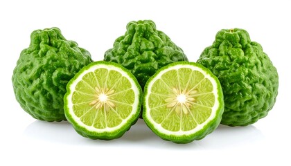 Fototapeta premium Fresh bergamot fruits, whole and sliced, on white background